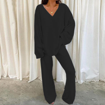 Comfortable Solid Color V-neck Daily  Two-piece Set