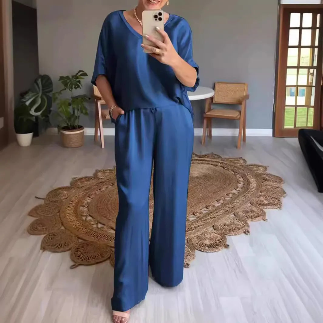 Fashion Solid Color Mercerized V-neck Casual Suit