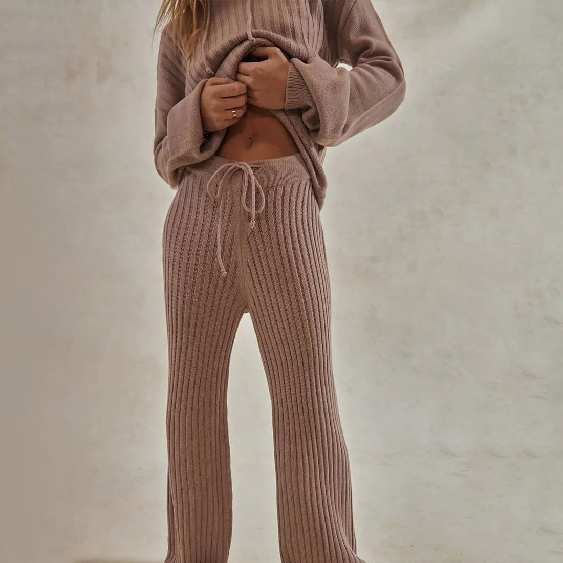 Women's solid color rib knitted Hoodie sweater suits