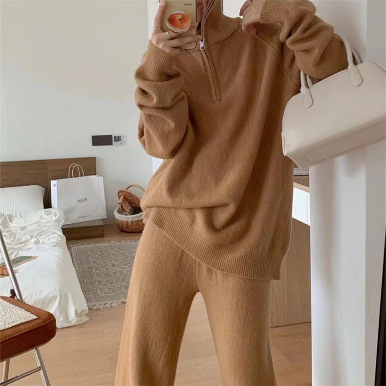 Casual Lapel  Sweater and Wide-leg Pants Two-piece Suit