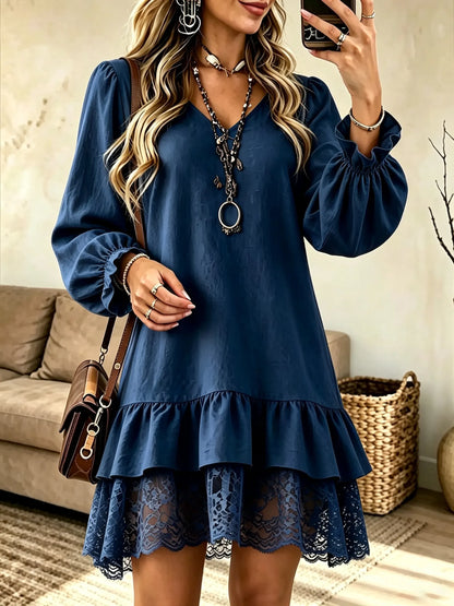 Women's Tiered Ruffle Lace Hem Babydoll Mini Dress