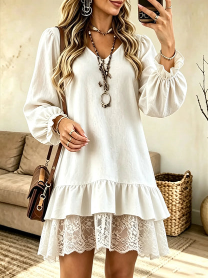 Women's Tiered Ruffle Lace Hem Babydoll Mini Dress