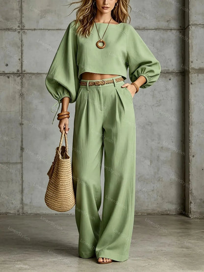 Casual Bubble Sleeve Short Top & Trousers Two-Piece Set (Belt Not Included)