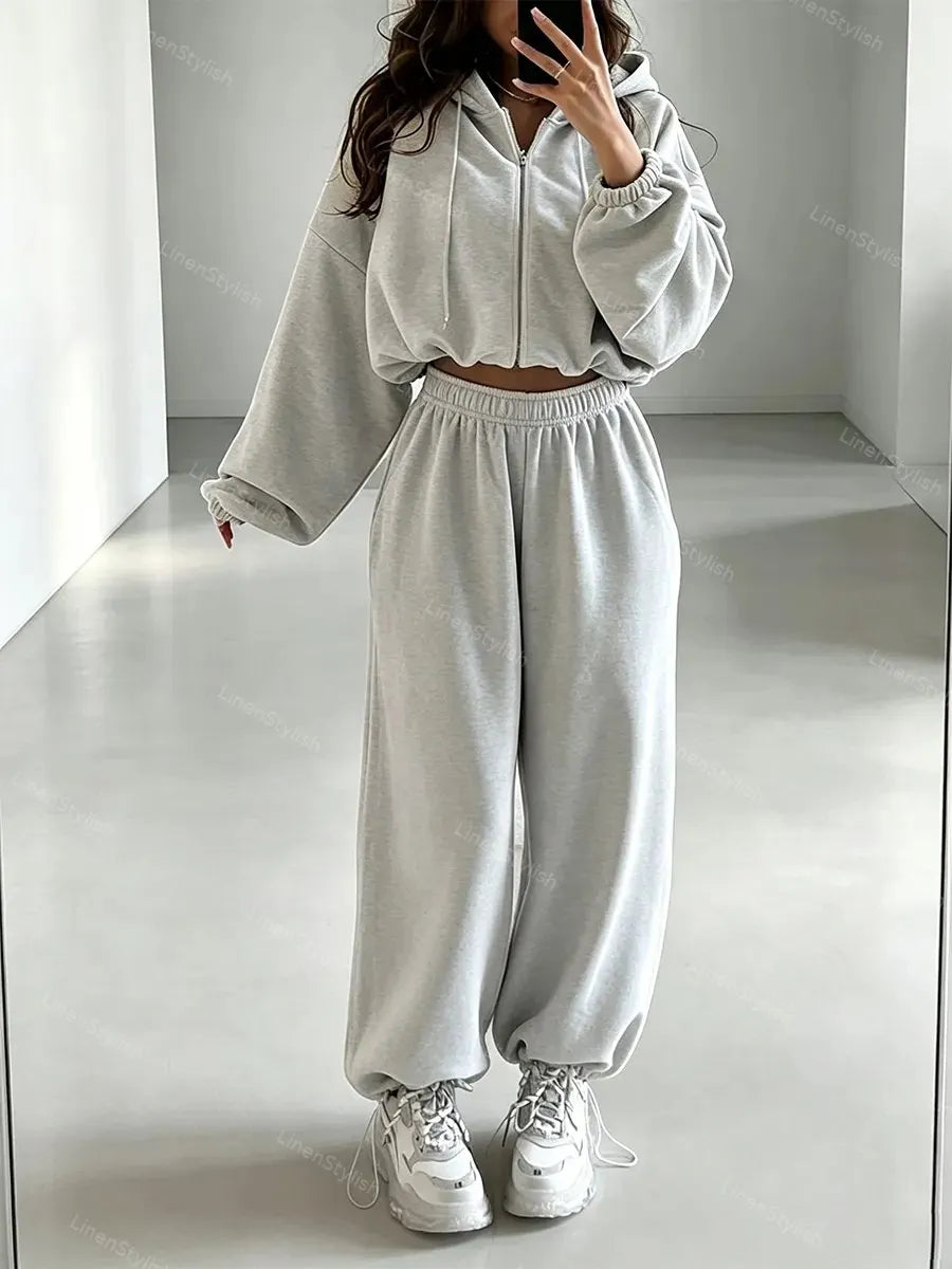 Solid Color Long-Sleeve Zip Hooded Cardigan & Two-Piece Wide-Leg Pants Set