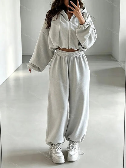 Solid Color Long-Sleeve Zip Hooded Cardigan & Two-Piece Wide-Leg Pants Set
