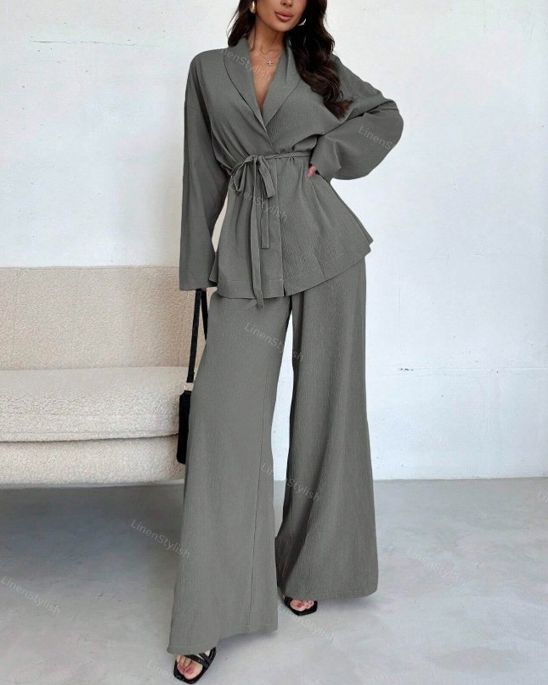 Elegant Long Sleeve Wide Leg Pants Set