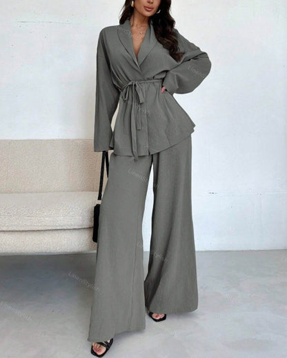 Elegant Long Sleeve Wide Leg Pants Set