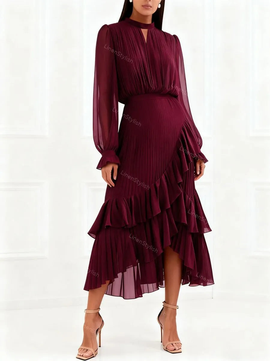 Solid Ruffle Pleated Elegant Dress