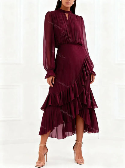 Solid Ruffle Pleated Elegant Dress