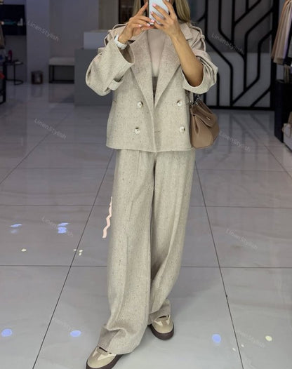 Fashion Lapel Jacket & Pants Two-Piece Set (Without Belt)