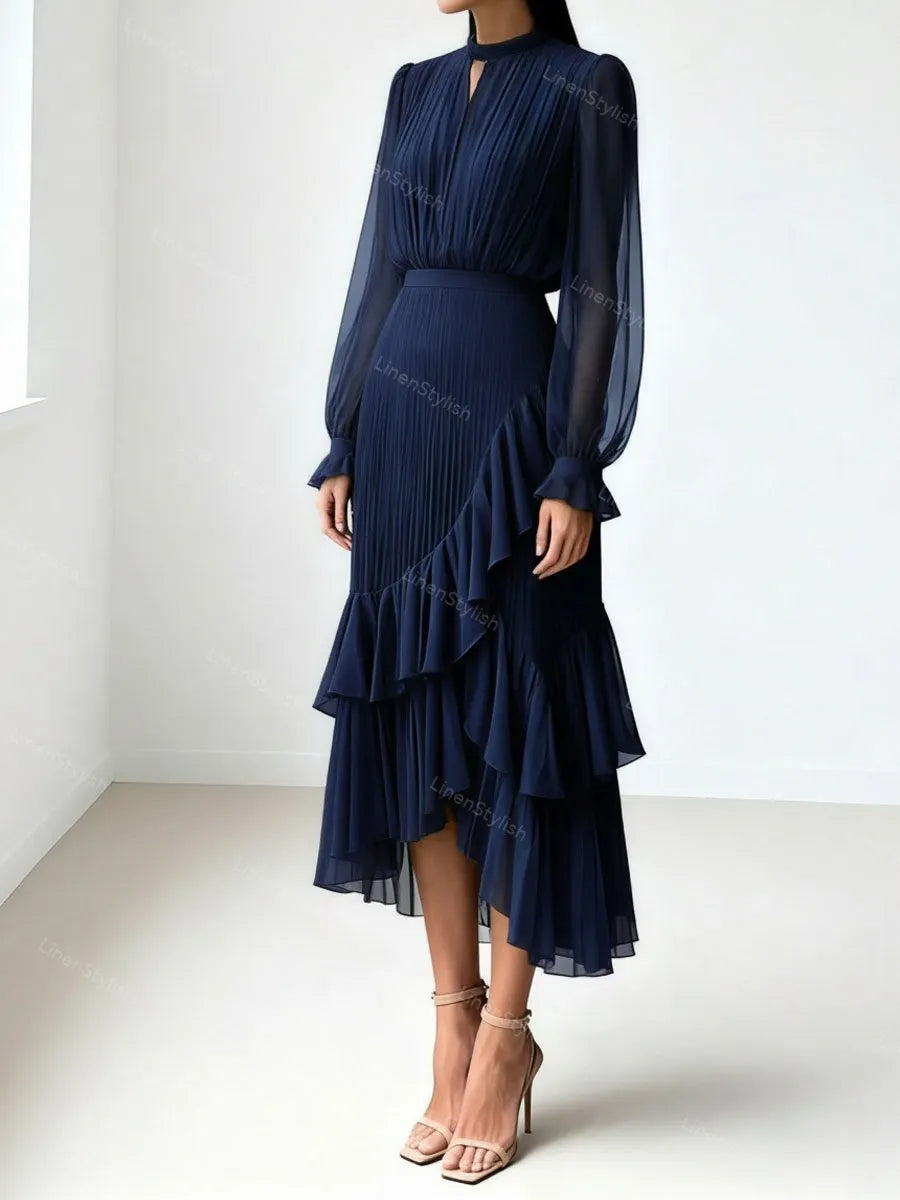 Solid Ruffle Pleated Elegant Dress