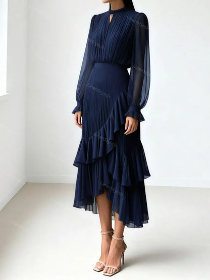 Solid Ruffle Pleated Elegant Dress