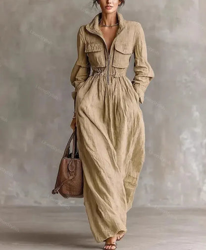Fashion Lapel Elastic Waist Long Dress