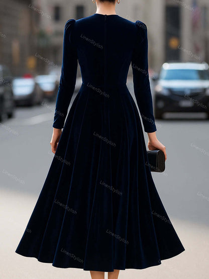 Elegant Velvet Long Sleeve A- Line Dress