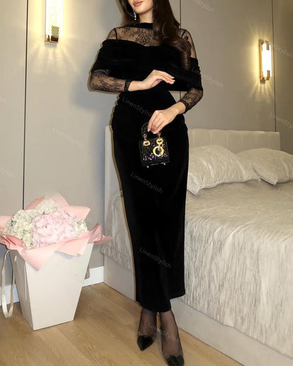 Elegant Velvet Lace-stitched Dress