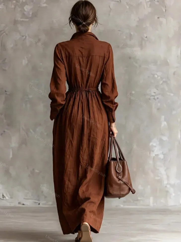 Fashion Lapel Elastic Waist Long Dress