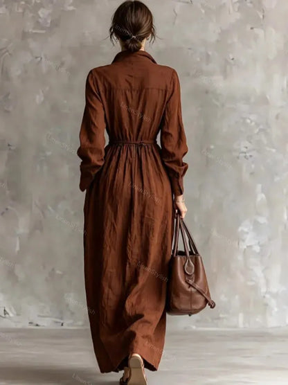 Fashion Lapel Elastic Waist Long Dress
