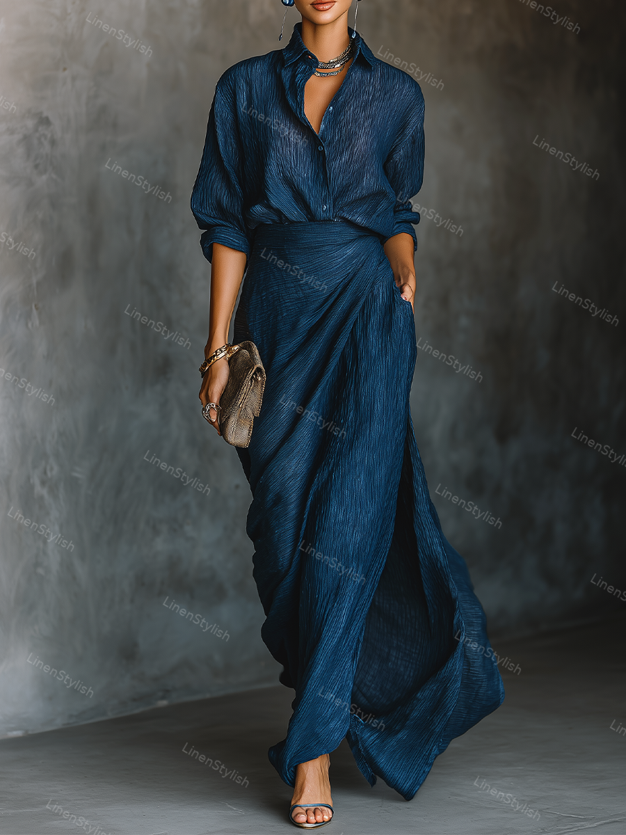 Elegant Solid Color Ripple Top & Skirt Two-Piece Set (Belt Included)