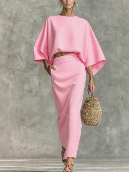 Commuter Round Neck Long Sleeve Loose Top & Overskirt Two-Piece Set