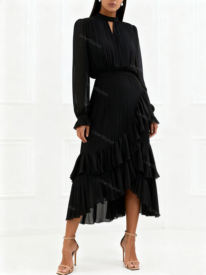 Solid Ruffle Pleated Elegant Dress