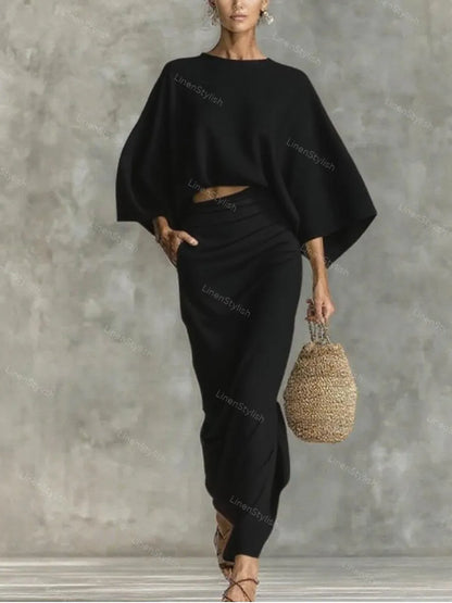 Commuter Round Neck Long Sleeve Loose Top & Overskirt Two-Piece Set