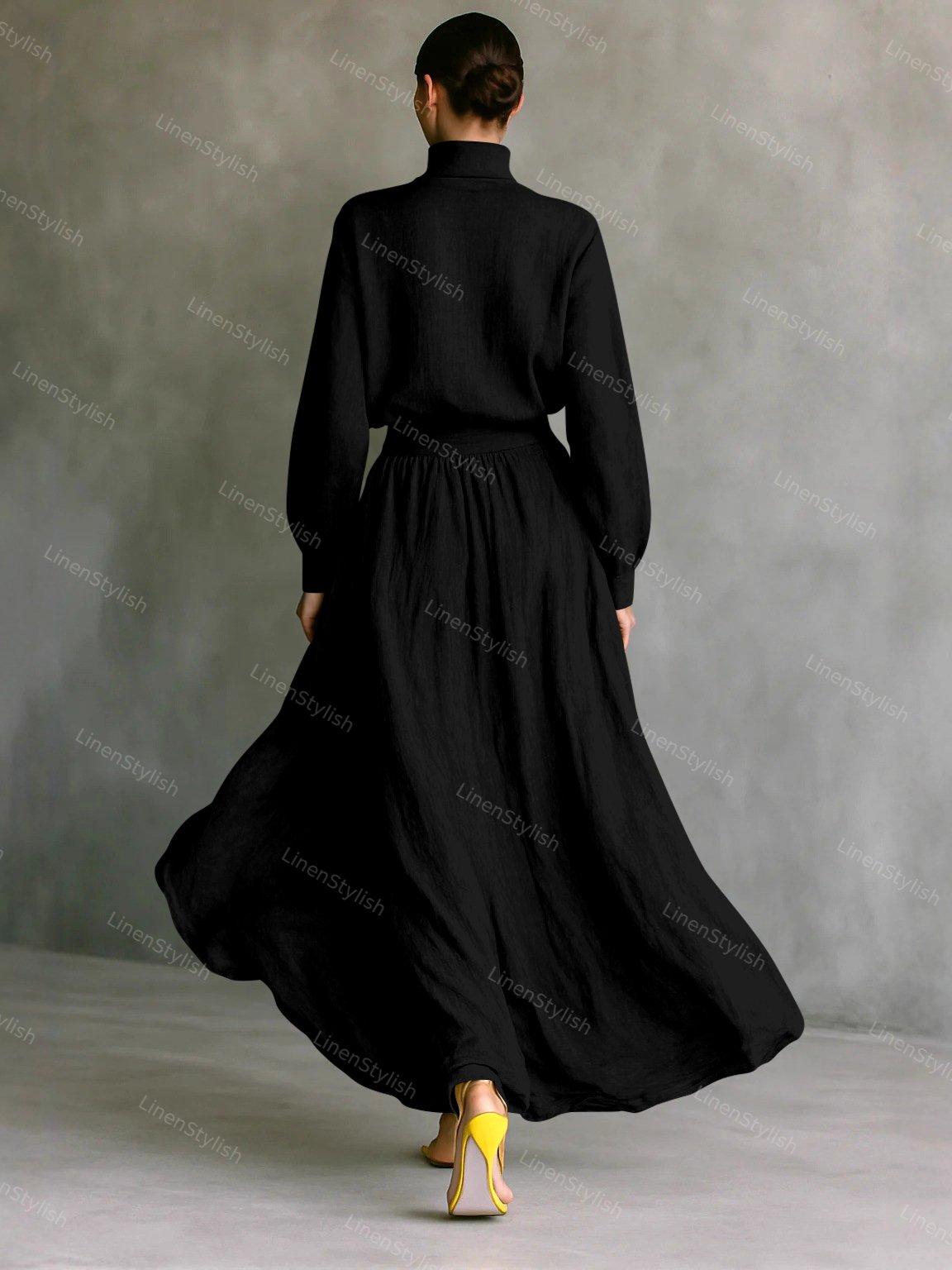 Fashion Cotton And Linen High Collar Top & Skirt Two-Piece Set