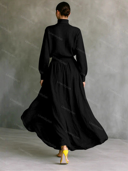 Fashion Cotton And Linen High Collar Top & Skirt Two-Piece Set