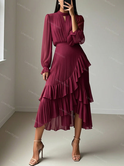 Solid Ruffle Pleated Elegant Dress