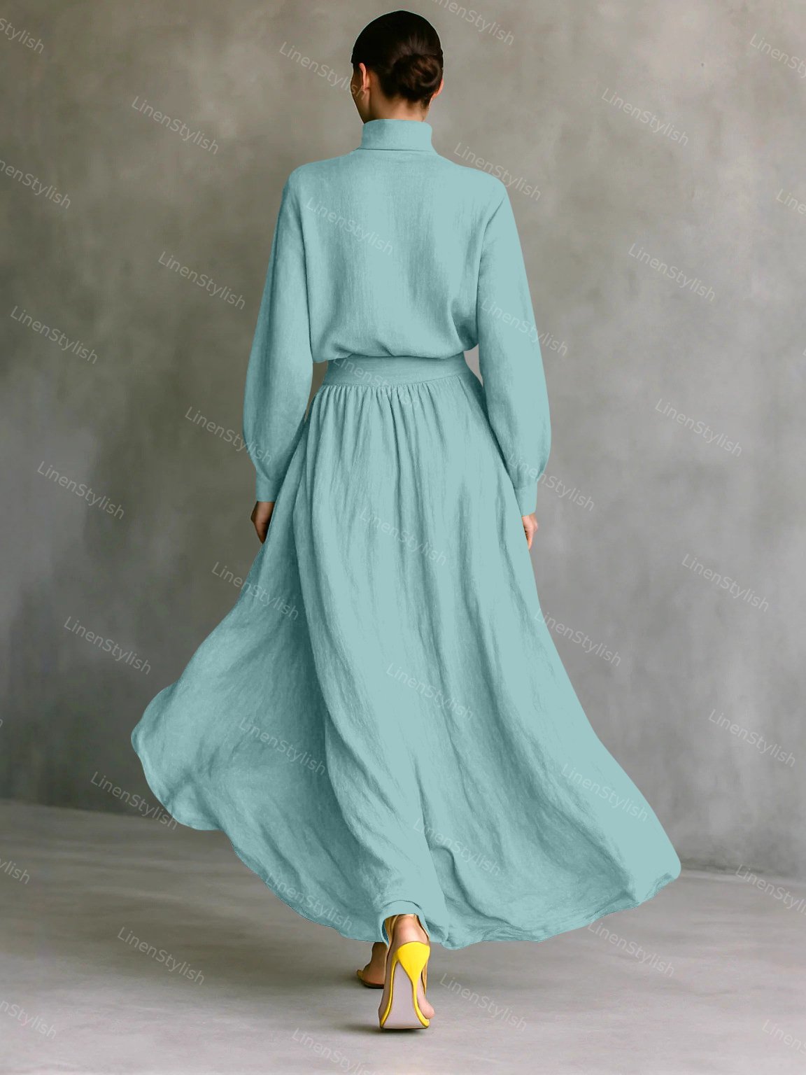 Fashion Cotton And Linen High Collar Top & Skirt Two-Piece Set