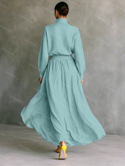 Fashion Cotton And Linen High Collar Top & Skirt Two-Piece Set
