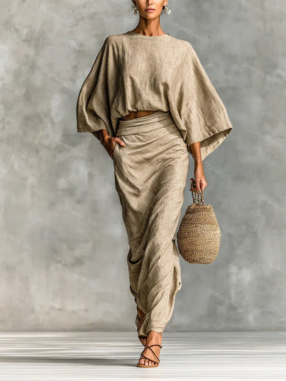 Commuter Round Neck Long Sleeve Loose Top & Overskirt Two-Piece Set