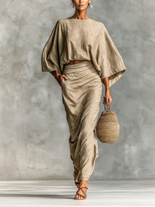 Commuter Round Neck Long Sleeve Loose Top & Overskirt Two-Piece Set