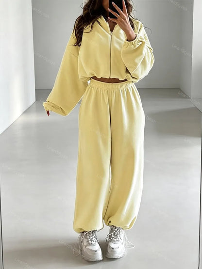 Solid Color Long-Sleeve Zip Hooded Cardigan & Two-Piece Wide-Leg Pants Set