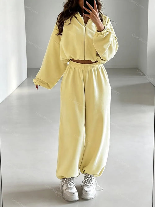 Solid Color Long-Sleeve Zip Hooded Cardigan & Two-Piece Wide-Leg Pants Set
