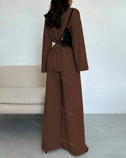 Elegant Long Sleeve Wide Leg Pants Set