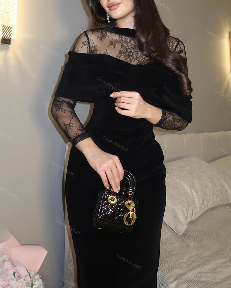 Elegant Velvet Lace-stitched Dress