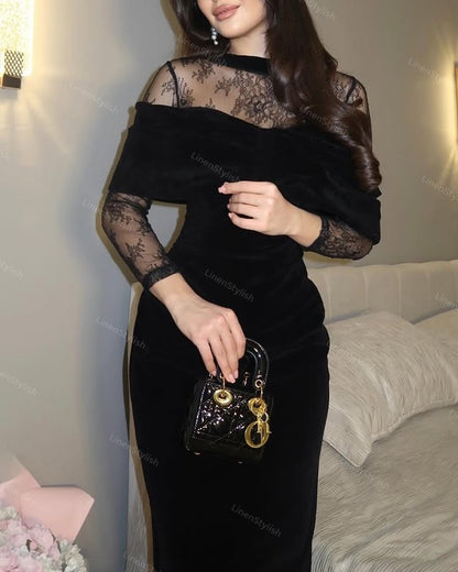 Elegant Velvet Lace-stitched Dress