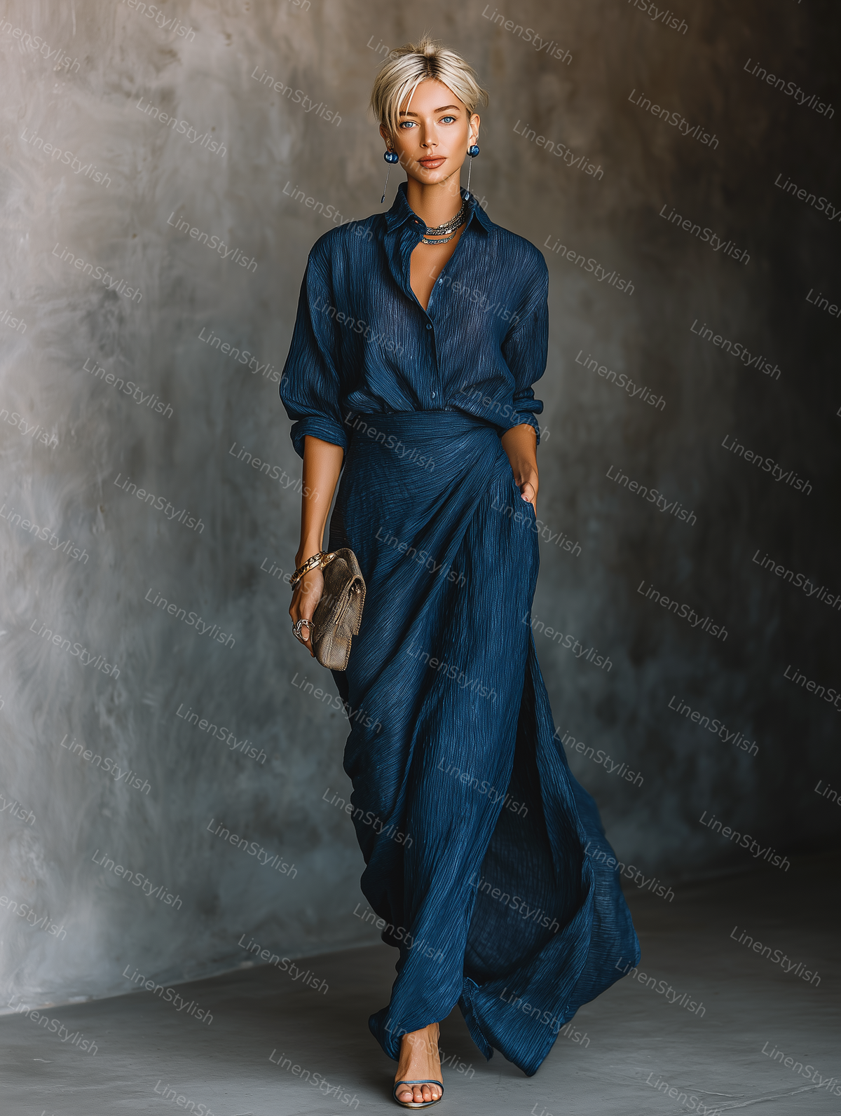 Elegant Solid Color Ripple Top & Skirt Two-Piece Set (Belt Included)