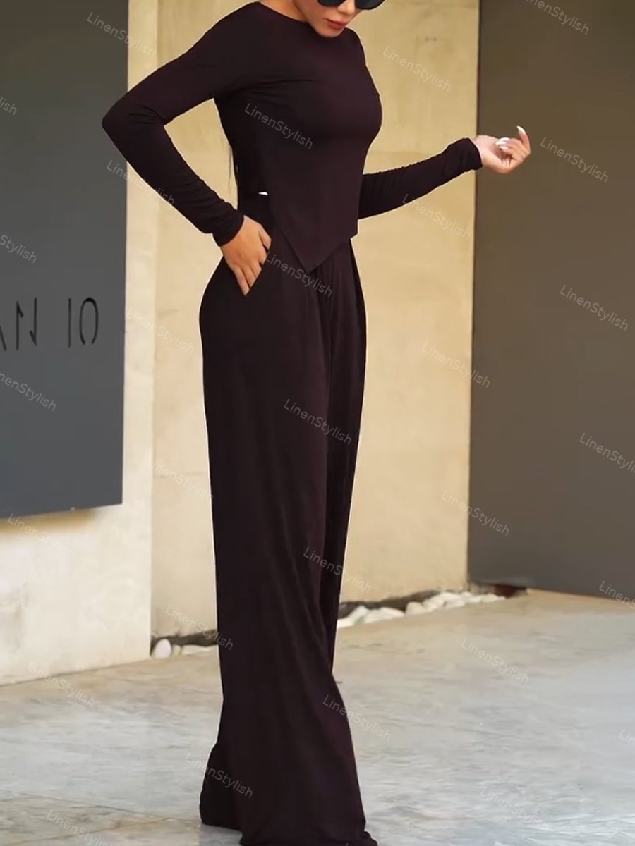 Casual Solid Color Irregular Top & Pants Two-Piece Set