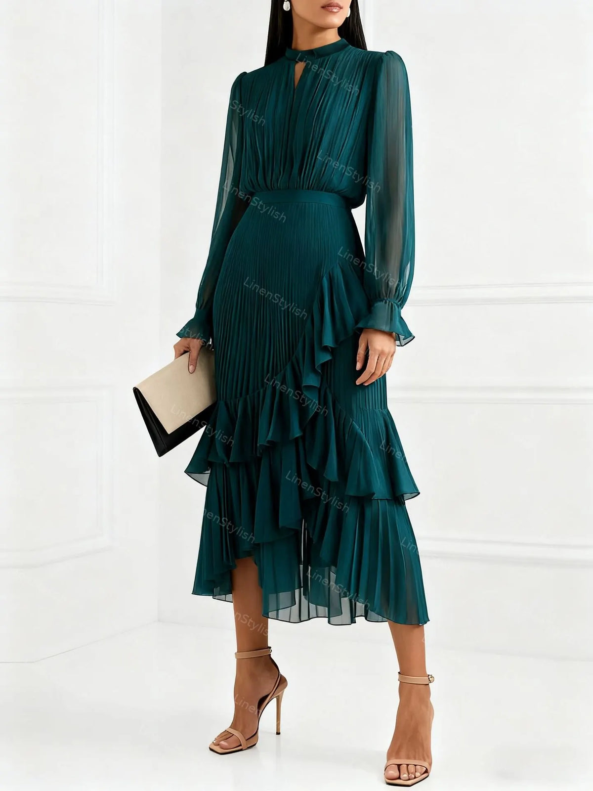Solid Ruffle Pleated Elegant Dress