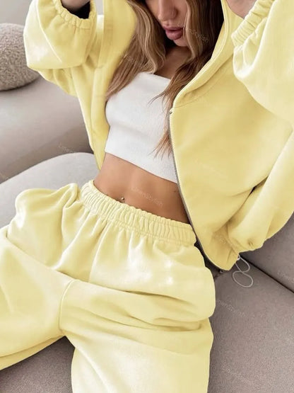 Solid Color Long-Sleeve Zip Hooded Cardigan & Two-Piece Wide-Leg Pants Set