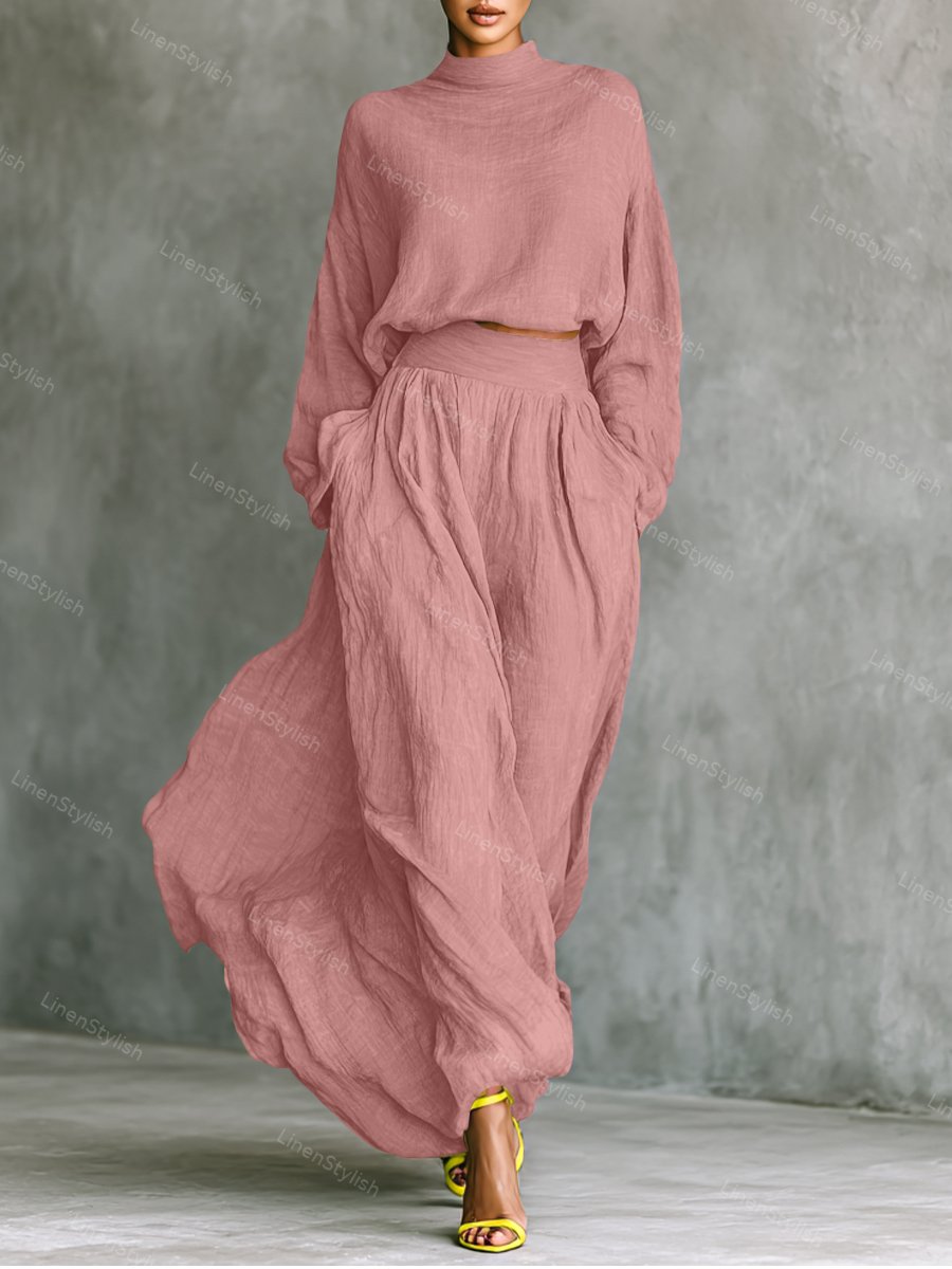 Fashion Cotton And Linen High Collar Top & Skirt Two-Piece Set