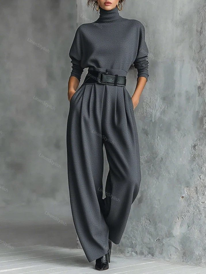 High Neck Velvet Top High Waist Pants Set