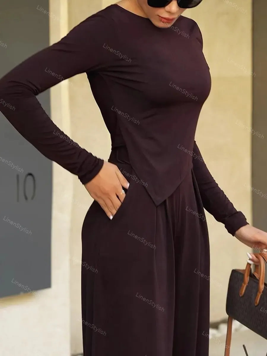 Casual Solid Color Irregular Top & Pants Two-Piece Set