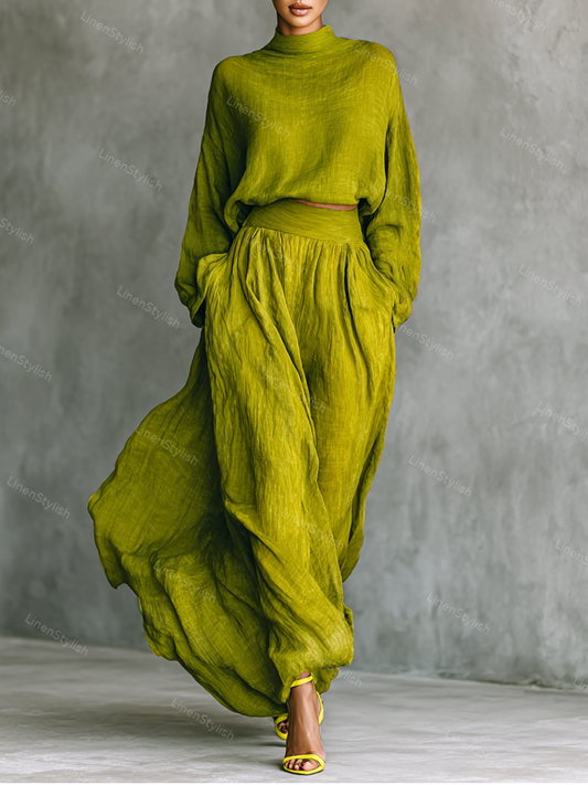 Fashion Cotton And Linen High Collar Top & Skirt Two-Piece Set
