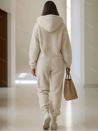 Hooded Zipper Loose Plush Jumpsuit