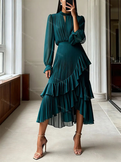Solid Ruffle Pleated Elegant Dress