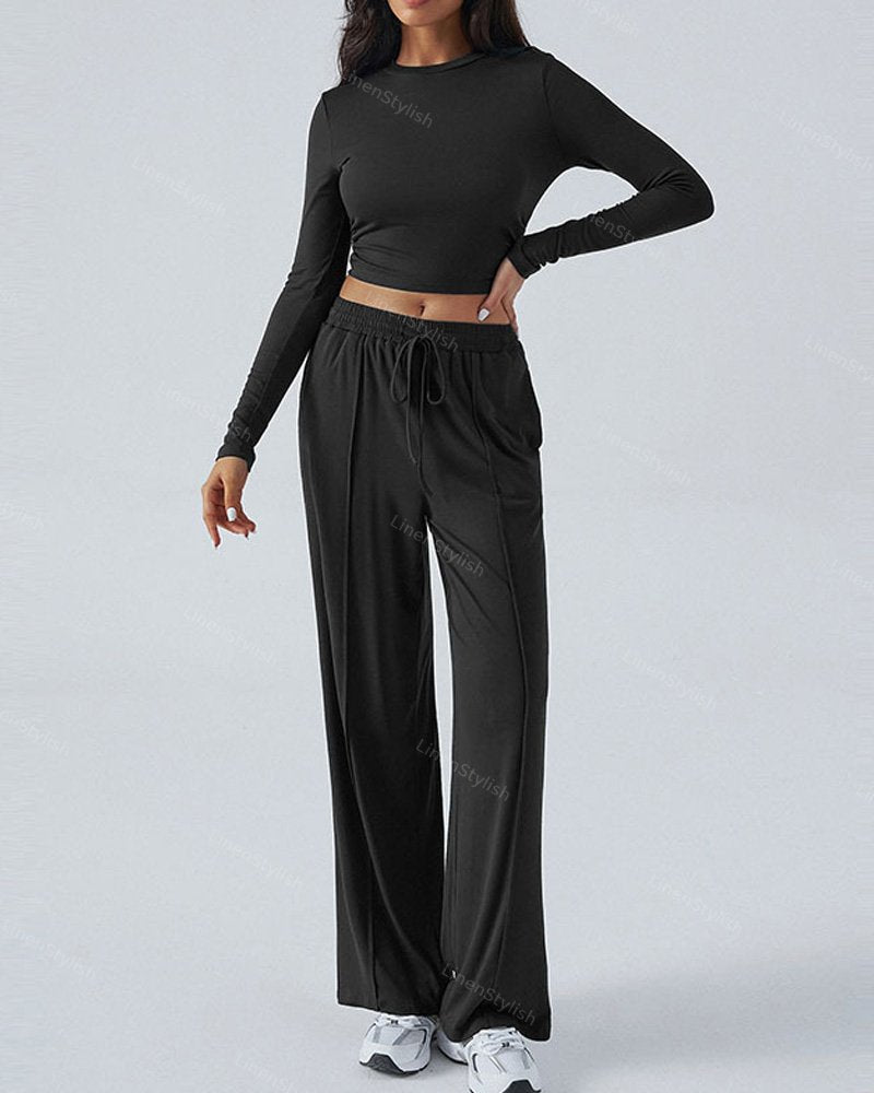 Long-sleeved Wide-leg Pants Sports Two-piece Suit