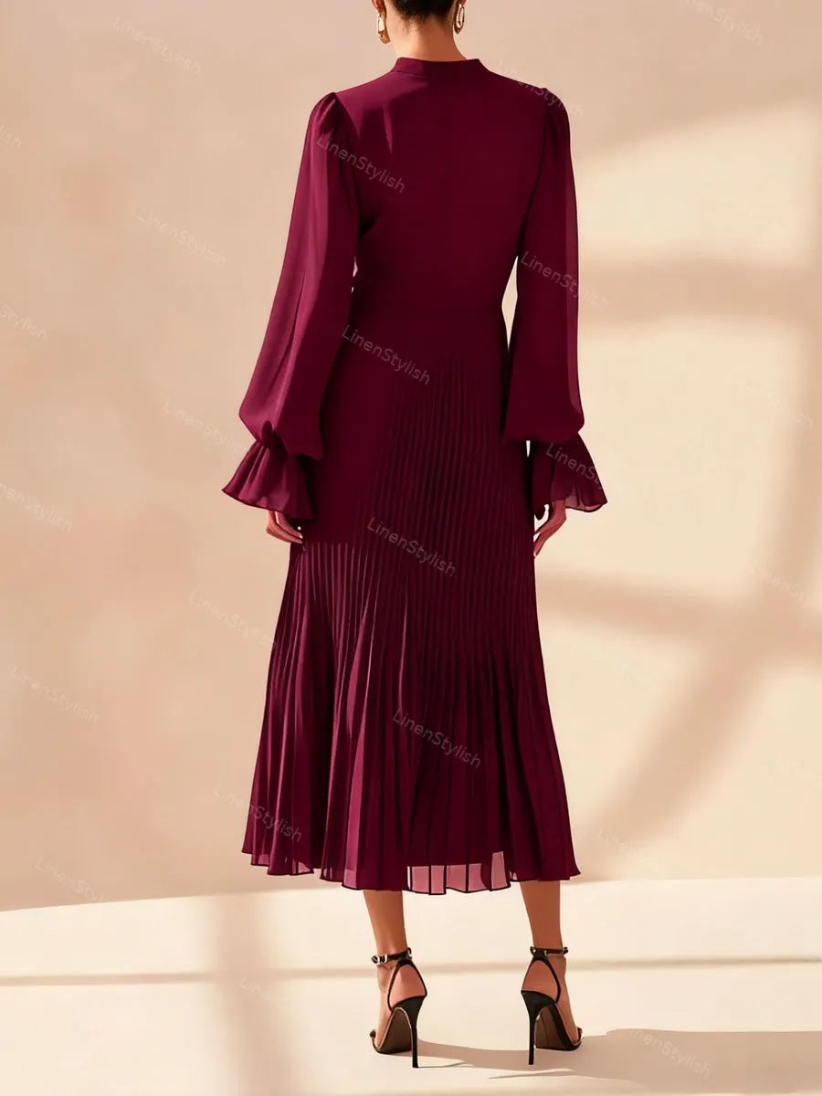 Solid Ruffle Pleated Elegant Dress