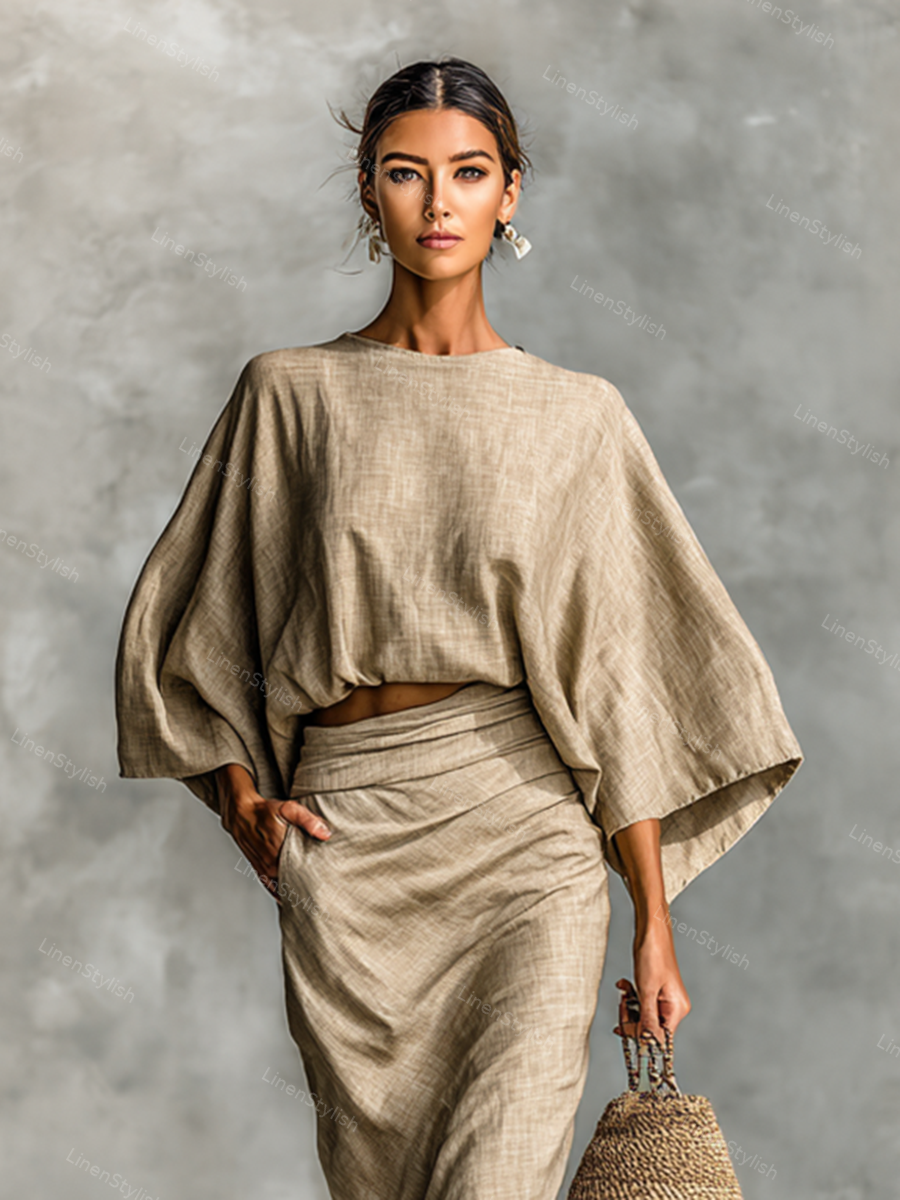Commuter Round Neck Long Sleeve Loose Top & Overskirt Two-Piece Set